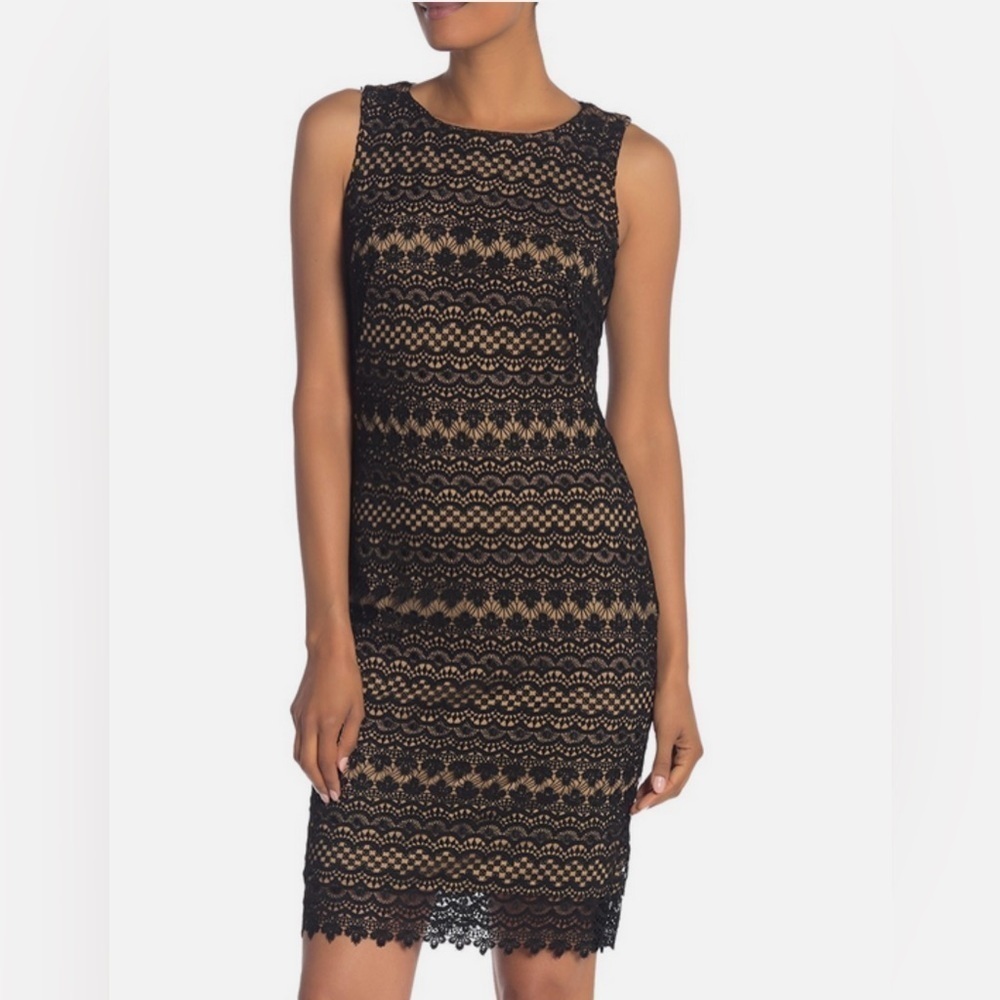 Nwot! T Tahari Boatneck Black Lace Dress With Nude Lining -Size 4